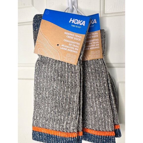 Hoka Merino Trail Crew Socks Unisex Gray Orange Ribbed Wool Blend Large Durable - Picture 1 of 6